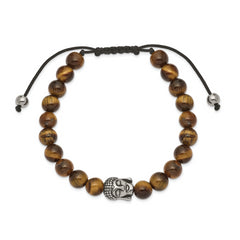 Chisel Stainless Steel Antiqued and Polished Tiger's Eye Buddha Black Macrame Adjustable Bracelet - 6.75 to 11.5