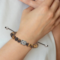 Chisel Stainless Steel Antiqued and Polished Tiger's Eye Buddha Black Macrame Adjustable Bracelet - 6.75 to 11.5
