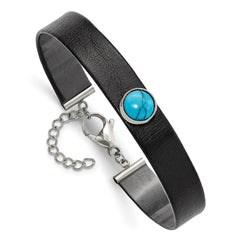 Stainless Steel Polished Leather w/Imit. Turquoise w/1.25in ext Bracelet