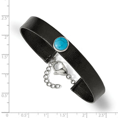 Stainless Steel Polished Leather w/Imit. Turquoise w/1.25in ext Bracelet