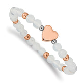 Chisel Stainless Steel Polished Rose IP-plated Heart 6mm White Agate Beaded Stretch Bracelet