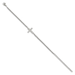 Chisel Stainless Steel Polished CZ Sideways Cross 6.25 inch Bracelet with 2 inch Extension