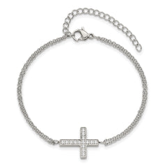 Chisel Stainless Steel Polished CZ Sideways Cross 6.25 inch Bracelet with 2 inch Extension