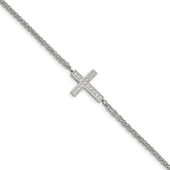 Chisel Stainless Steel Polished CZ Sideways Cross 6.25 inch Bracelet with 2 inch Extension