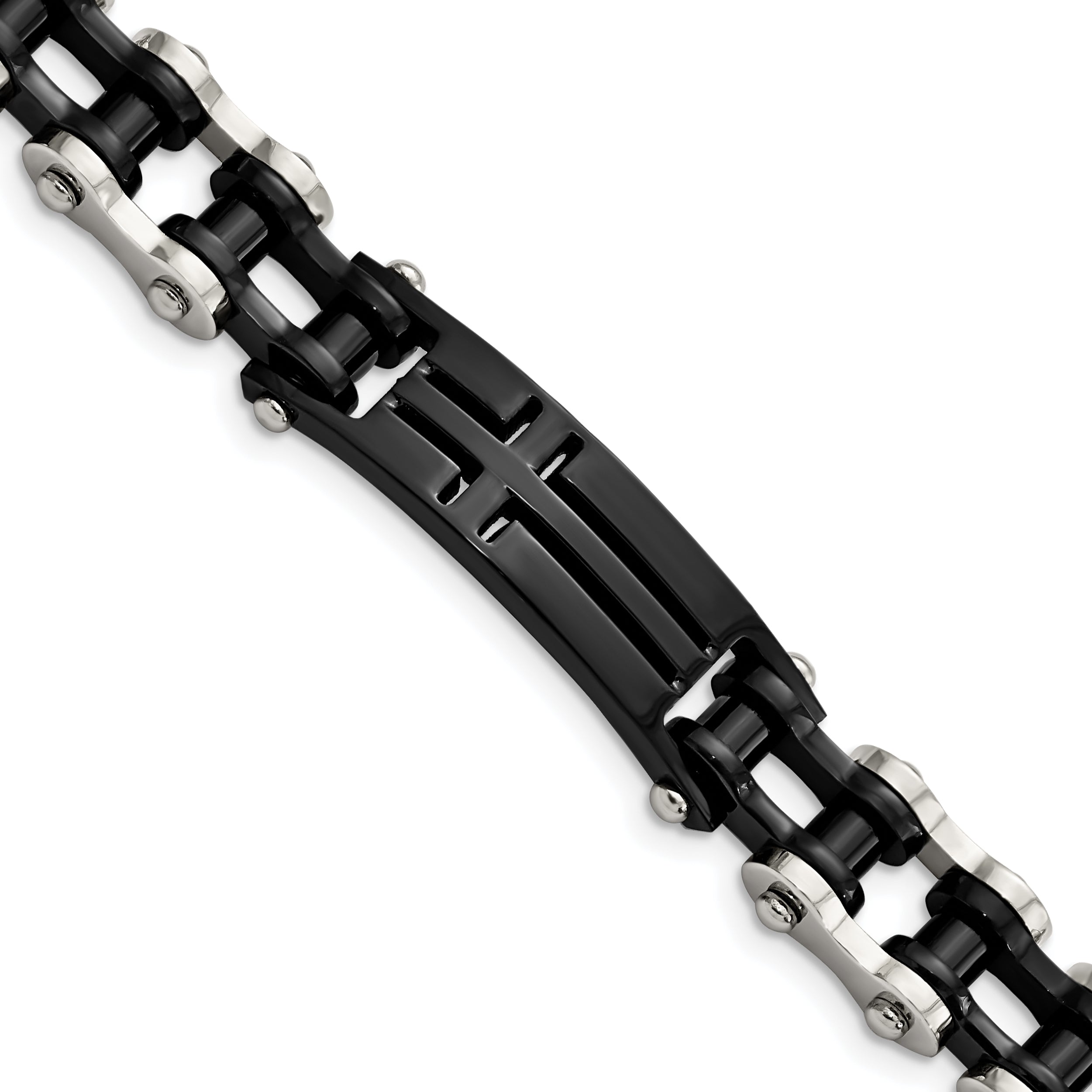 Chisel Stainless Steel Polished Black IP-plated 9 inch Cross ID Bracelet