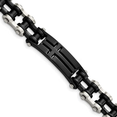 Chisel Stainless Steel Polished Black IP-plated 9 inch Cross ID Bracelet