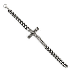 Chisel Stainless Steel Antiqued and Polished Crucifix 8.75 inch Bracelet