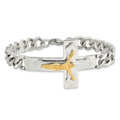 Chisel Stainless Steel Polished Yellow IP-plated Crucifix 8 inch Bracelet