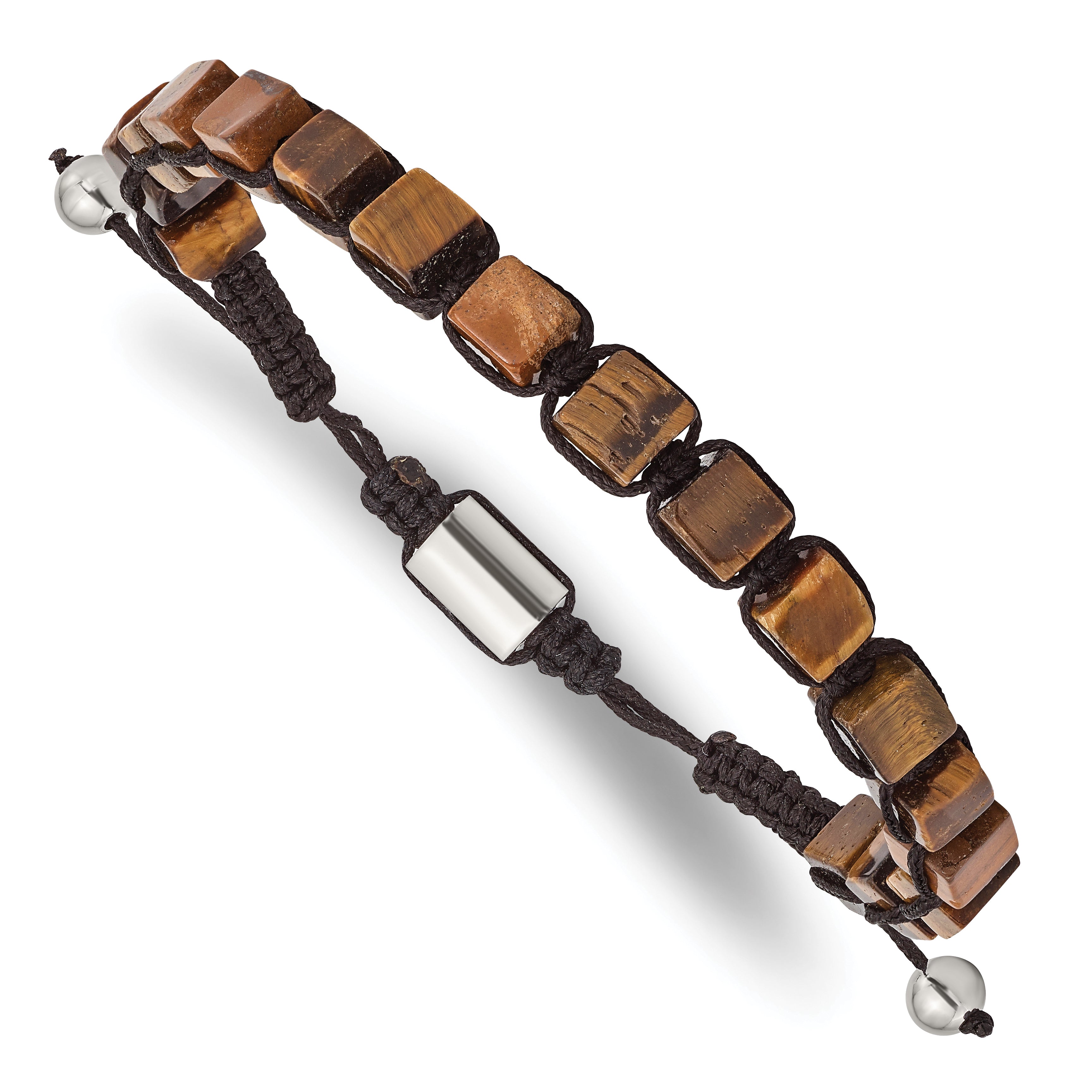 Chisel Stainless Steel Polished with Tiger's Eye Black Macrame Adjustable Bracelet