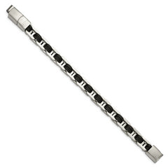 Chisel Stainless Steel Brushed with Black PU Leather 7.75 inch Bracelet with .5 inch Extension