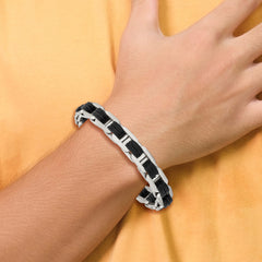 Chisel Stainless Steel Brushed with Black PU Leather 7.75 inch Bracelet with .5 inch Extension