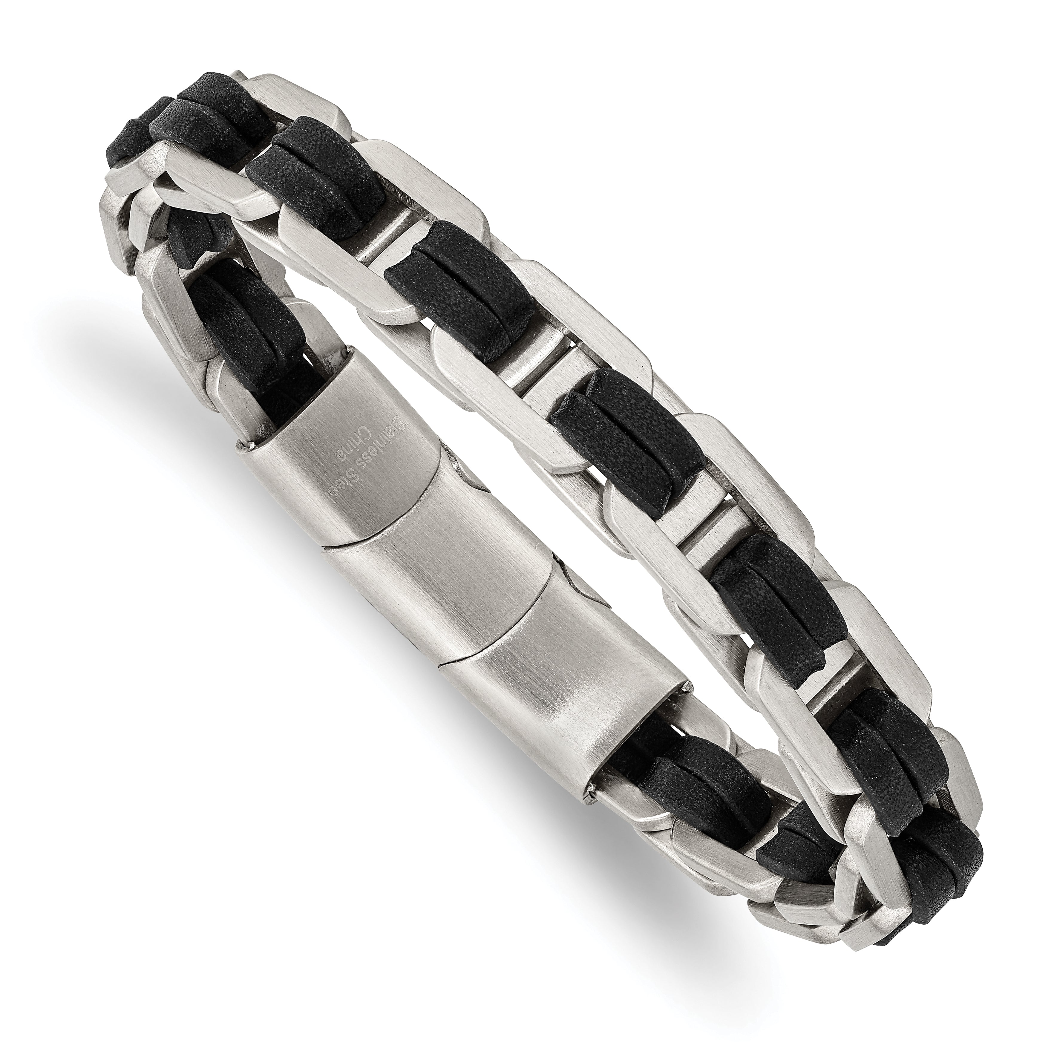 Chisel Stainless Steel Brushed with Black PU Leather 7.75 inch Bracelet with .5 inch Extension