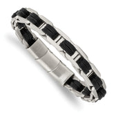 Chisel Stainless Steel Brushed with Black PU Leather 7.75 inch Bracelet with .5 inch Extension