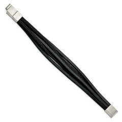 Chisel Stainless Steel Polished Multi Strand Black PU Leather 8 inch Bracelet with .5 inch Extension