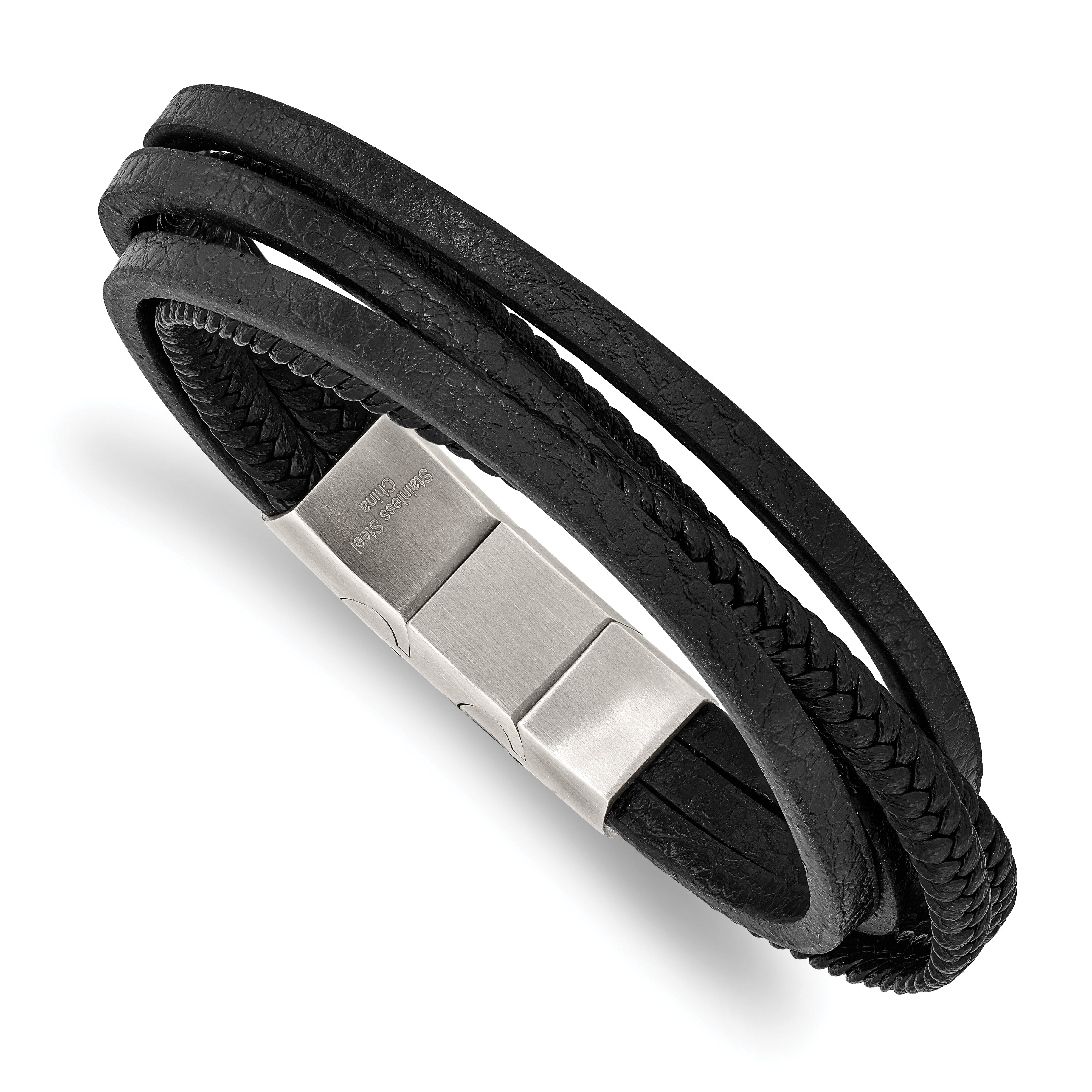 Chisel Stainless Steel Polished Multi Strand Black PU Leather 8 inch Bracelet with .5 inch Extension