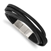 Chisel Stainless Steel Polished Multi Strand Black PU Leather 8 inch Bracelet with .5 inch Extension