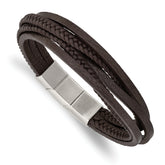 Chisel Stainless Steel Polished Multi Strand Brown PU Leather 8 inch Bracelet with .5 inch Extension