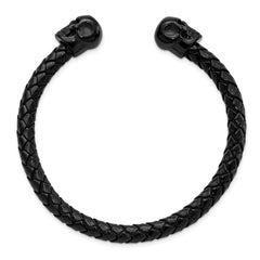 Chisel Stainless Steel Polished Black IP-plated Skulls with Crystal Eyes Black Braided Leather Cuff Bangle