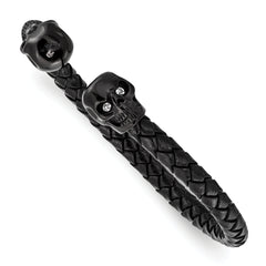 Chisel Stainless Steel Polished Black IP-plated Skulls with Crystal Eyes Black Braided Leather Cuff Bangle