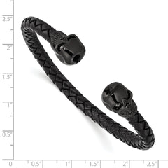 Chisel Stainless Steel Polished Black IP-plated Skulls with Crystal Eyes Black Braided Leather Cuff Bangle