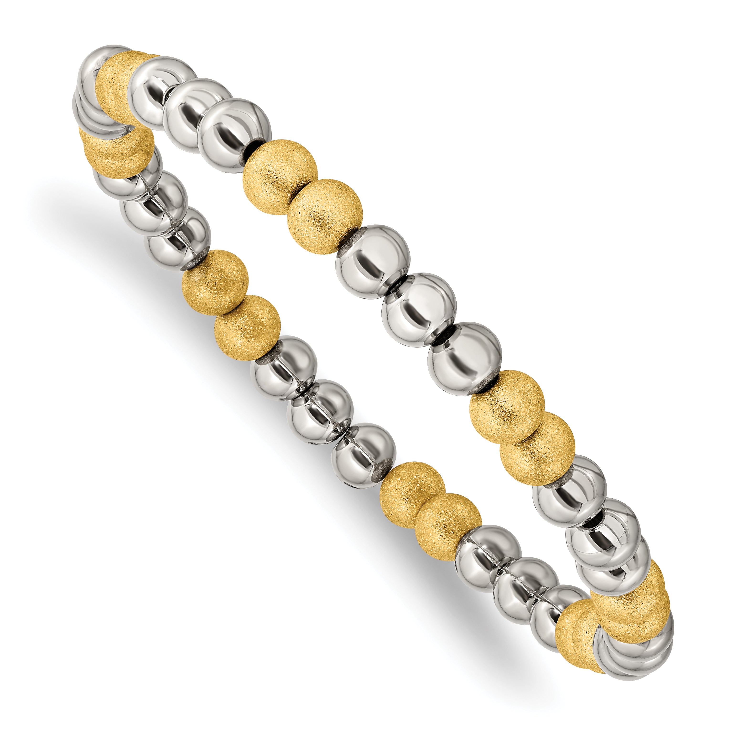 Chisel Stainless Steel Polished Yellow IP-plated Sandblasted 6mm Beaded Stretch Bracelet