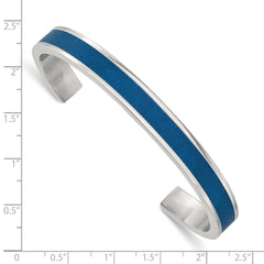 Chisel Stainless Steel Polished with Blue Leather Inlay 8mm Cuff Bangle