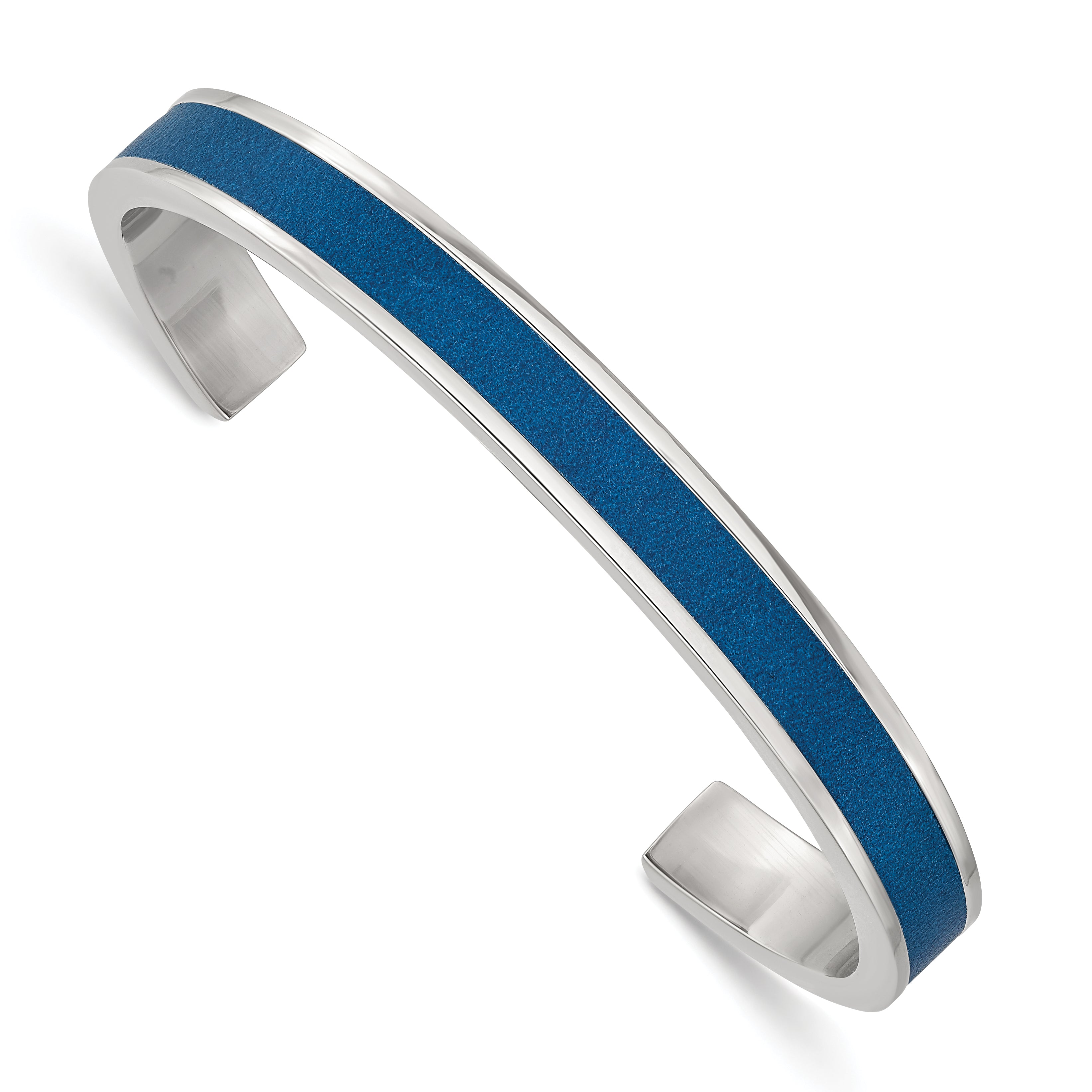Chisel Stainless Steel Polished with Blue Leather Inlay 8mm Cuff Bangle