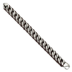 Chisel Stainless Steel Brushed Polished and Textured Curb Chain and Brown Leather 8.5 inch Bracelet