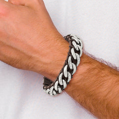 Chisel Stainless Steel Brushed Polished and Textured Curb Chain and Brown Leather 8.5 inch Bracelet