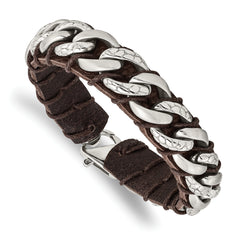 Chisel Stainless Steel Brushed Polished and Textured Curb Chain and Brown Leather 8.5 inch Bracelet
