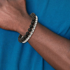 Stainless Steel Brushed Box Chain & Black Onyx 2 Strand 8.5in Bracelet