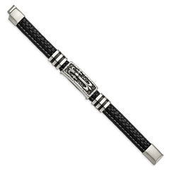 Chisel Stainless Steel Antiqued and Polished with Enamel Cross Black Faux Leather 8.5 inch Bracelet