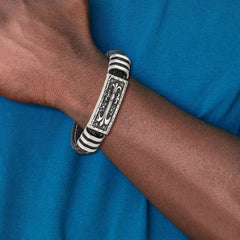 Chisel Stainless Steel Antiqued and Polished with Enamel Cross Black Faux Leather 8.5 inch Bracelet