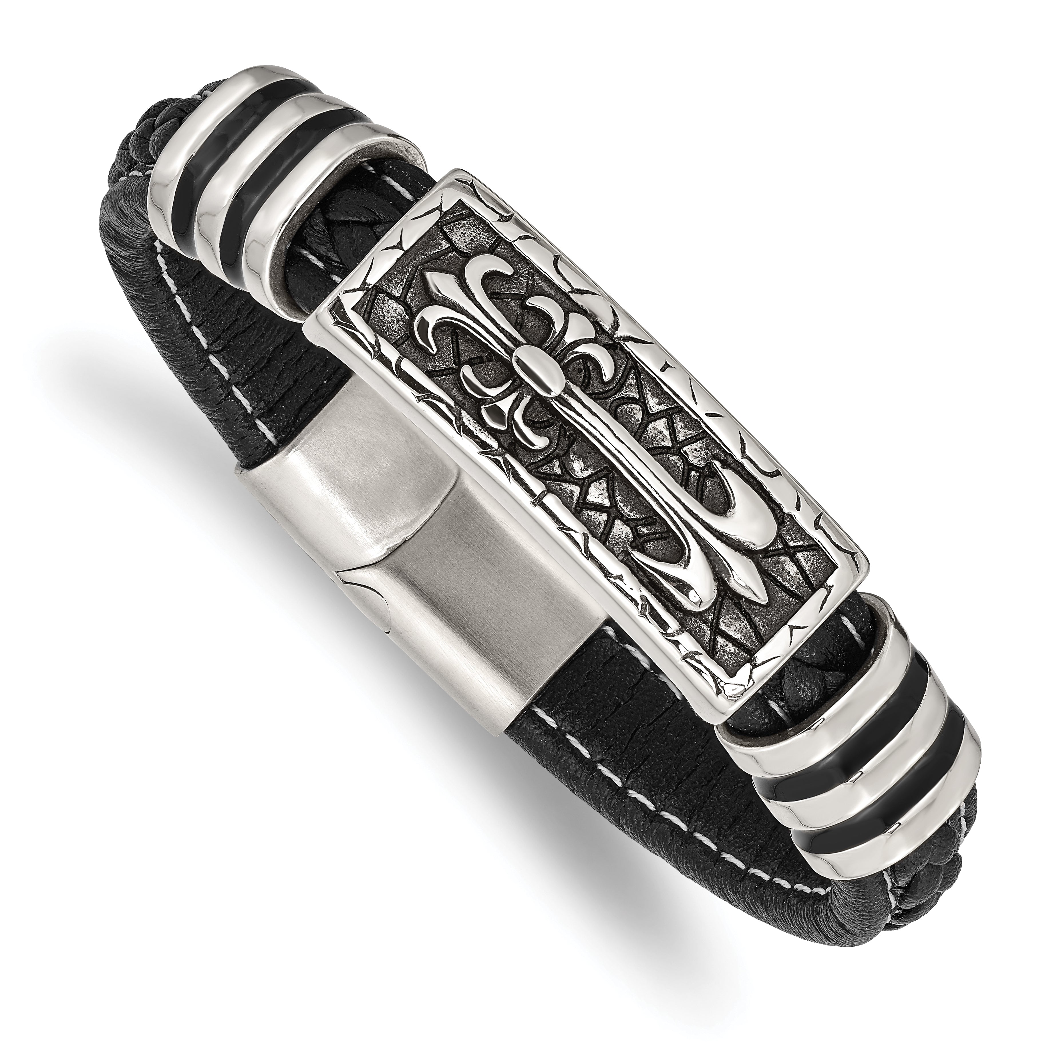 Chisel Stainless Steel Antiqued and Polished with Enamel Cross Black Faux Leather 8.5 inch Bracelet