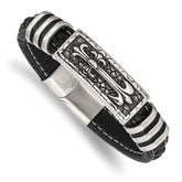 Chisel Stainless Steel Antiqued and Polished with Enamel Cross Black Faux Leather 8.5 inch Bracelet