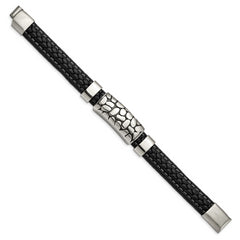 Stainless Steel Antiqued & Polished Black Faux Leather 8.5in Bracelet