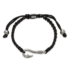 Chisel Stainless Steel Brushed Fishing Hook Black Nylon Adjustable Bracelet - 6 to 9