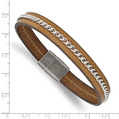 Chisel Stainless Steel Antiqued Brushed Brown Leather with Polished Chain 8.25 inch Bracelet