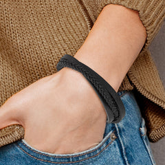 Chisel Stainless Steel Polished Multi Strand Black Leather 8.25 inch Bracelet