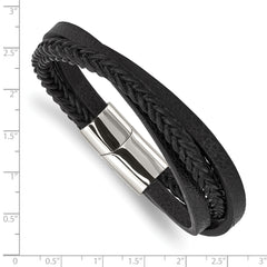 Chisel Stainless Steel Polished Multi Strand Black Leather 8.25 inch Bracelet