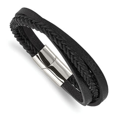 Chisel Stainless Steel Polished Multi Strand Black Leather 8.25 inch Bracelet