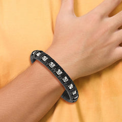 Chisel Stainless Steel Polished Chain and Black Leather 8.25 inch Bracelet