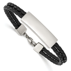 Chisel Stainless Steel Polished Black Leather 2 Strand 7 inch ID Bracelet