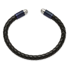 Chisel Stainless Steel Brushed and Polished Dark Grey IP-plated Black Leather Flexible Cuff Bangle