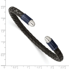Chisel Stainless Steel Brushed and Polished Dark Grey IP-plated Black Leather Flexible Cuff Bangle