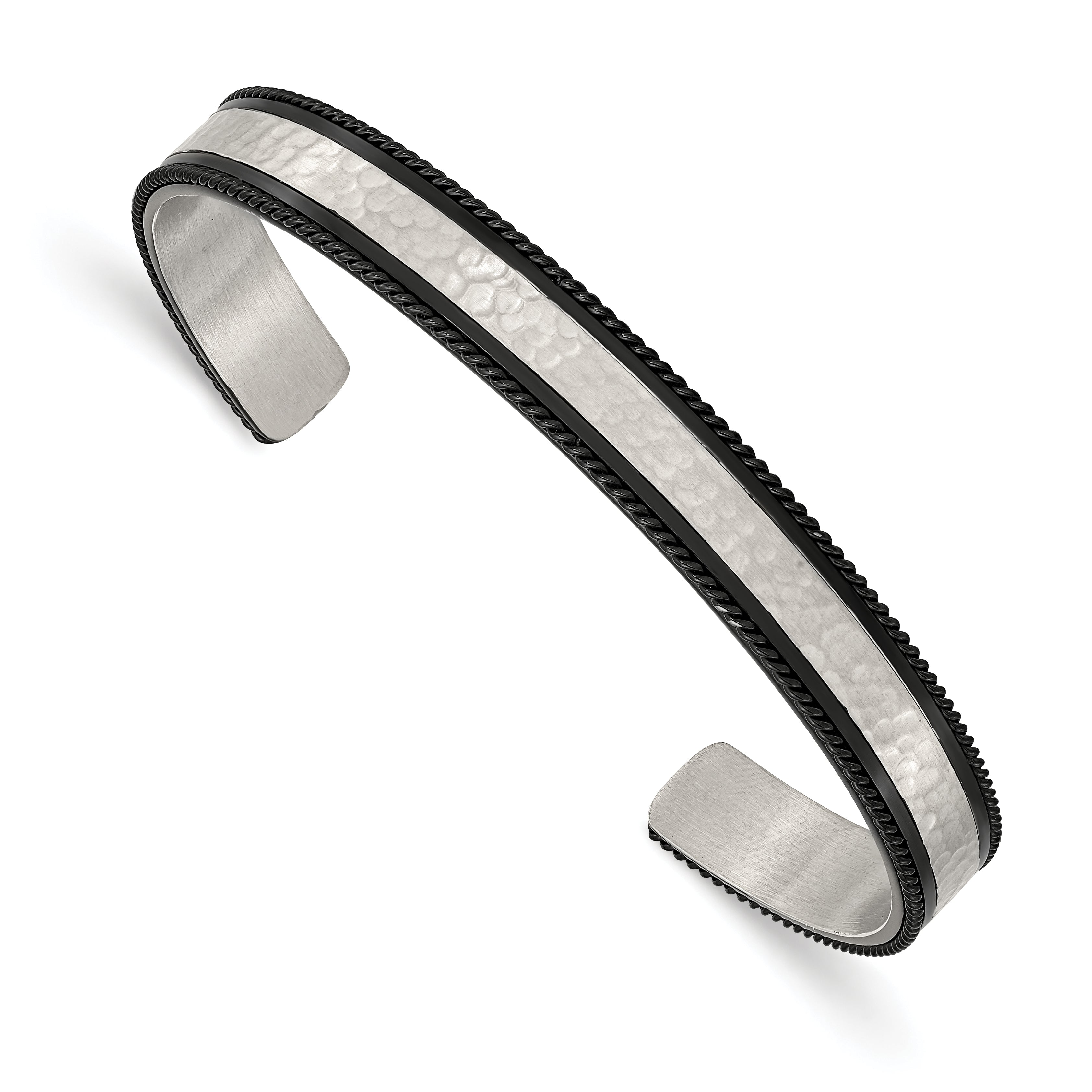 Chisel Stainless Steel Brushed Polished and Hammered Black IP-plated Wire Edge Cuff Bangle