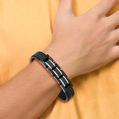 Stainless Steel Brushed & Polished Black IP Carbon Fiber Leather Bracelet