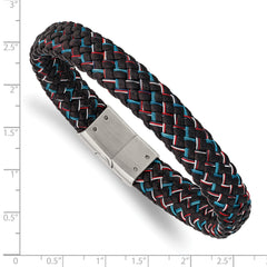 Chisel Stainless Steel Polished Braided Multi-color Wire and Black Leather 8.25 inch Bracelet