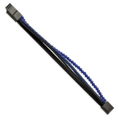 Chisel Stainless Steel Polished Black IP-plated Multi Strand Lapis Beaded Black and Blue Leather 8 inch Bracelet with .5 inch Extension