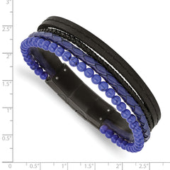 Chisel Stainless Steel Polished Black IP-plated Multi Strand Lapis Beaded Black and Blue Leather 8 inch Bracelet with .5 inch Extension
